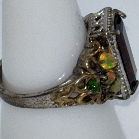 Art Deco vintage 925 silver ring 5.59g tsavorite garnet & opal Sz 9 signet - Picture 4 of 13